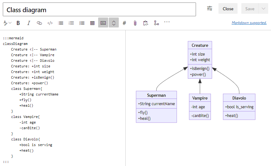 Captura de ecrã do Mermaid Live Editor com o código de um diagrama de classes e uma pré-visualização da vista publicada.