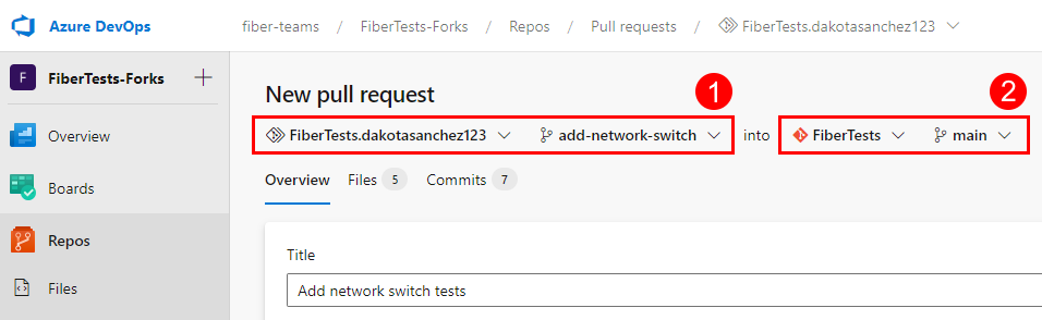 Captura de ecrã das opções de ramificação de origem e destino de RP no Repositórios do Azure.