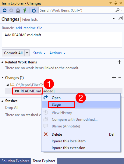 Captura de ecrã da opção de Estágio no menu de contexto de ficheiro alterado no Team Explorer no Visual Studio 2019.