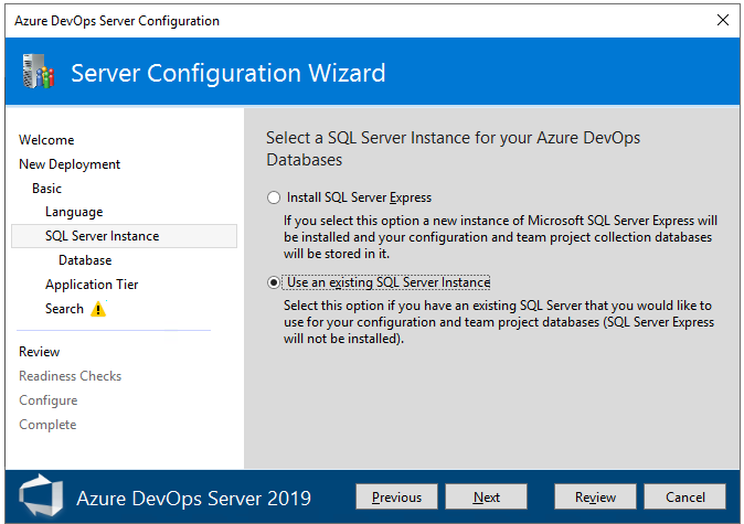Captura de ecrã da página Instância do SQL Server. 