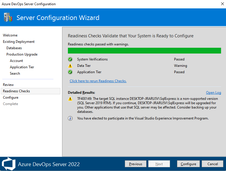 Captura de ecrã do Assistente de Configuração do Servidor, página Verificações de Prontidão, Azure DevOps Server 2022. 