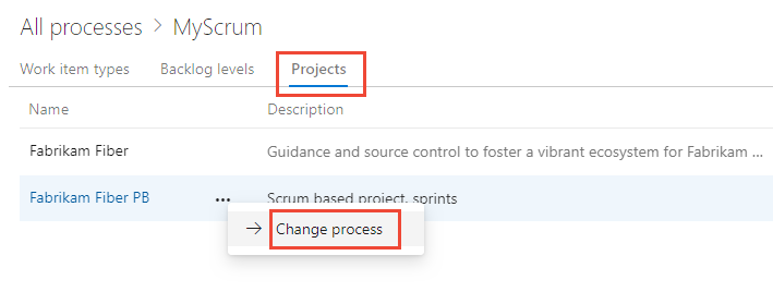 Captura de ecrã do separador Projetos com a opção Alterar processo realçada.