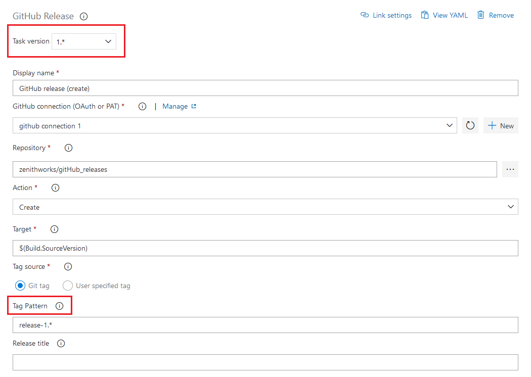 Captura de tela mostrando a tarefa de lançamento do GitHub com as seções Versão da tarefa e Padrão de marca realçadas.