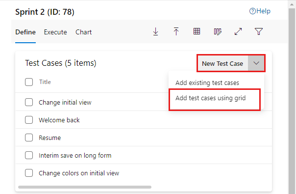 Captura de ecrã a mostrar a opção para adicionar casos de teste usando a vista Grid.