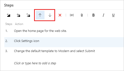 Captura de ecrã que mostra as setas usadas para mover os passos de teste para cima ou para baixo.