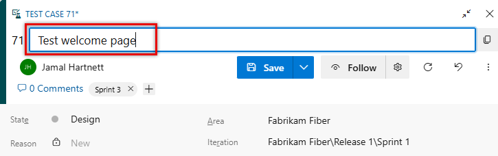 Captura de ecrã mostrando um caso de teste com o nome selecionado para editar.