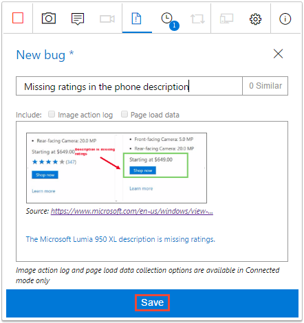 Captura de tela mostra a inserção de um título e uma descrição para o bug.
