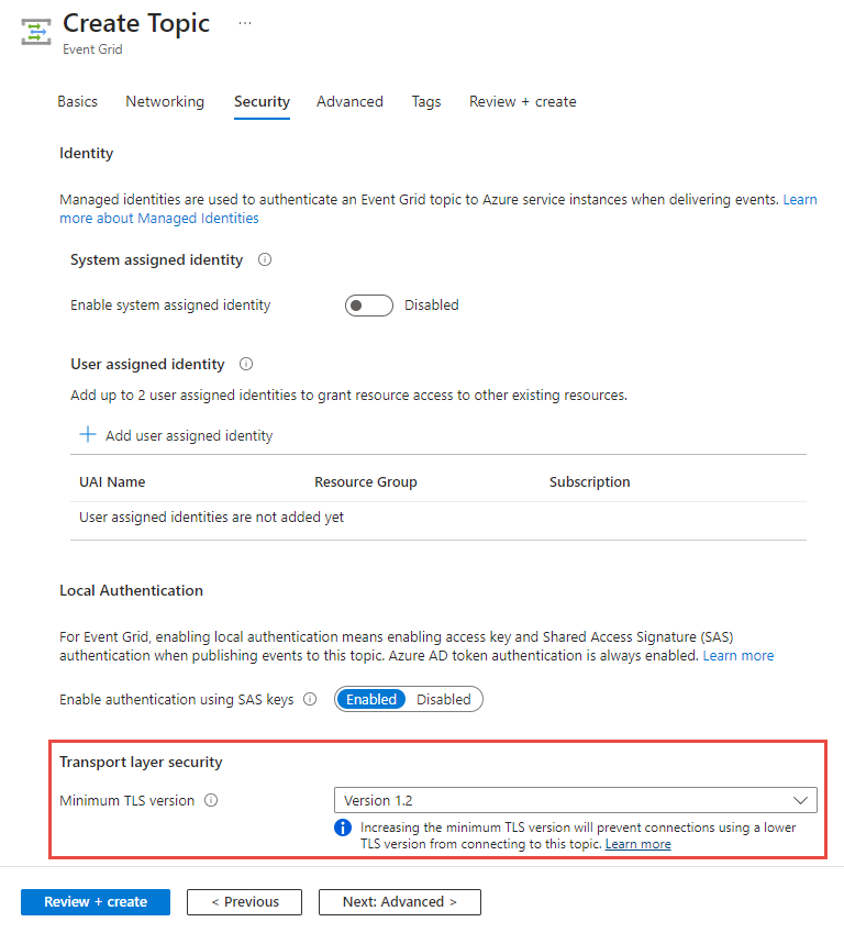 Captura de ecrã que mostra o separador Avançado da página Criar Tópico quando pode selecionar a versão mínima TLS.