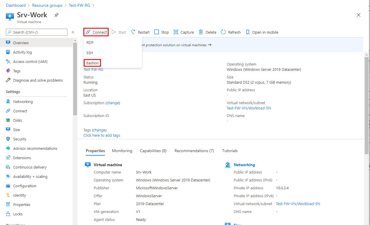 Captura de ecrã que mostra a ligação à Srv-Work máquina virtual usando Azure Bastion.