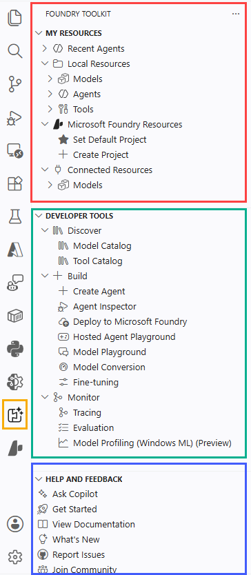 Captura de ecrã do Microsoft Foundry Toolkit para Visual Studio Code interface de extensão mostrando as secções de Recursos, Ferramentas e Ajuda e Feedback.