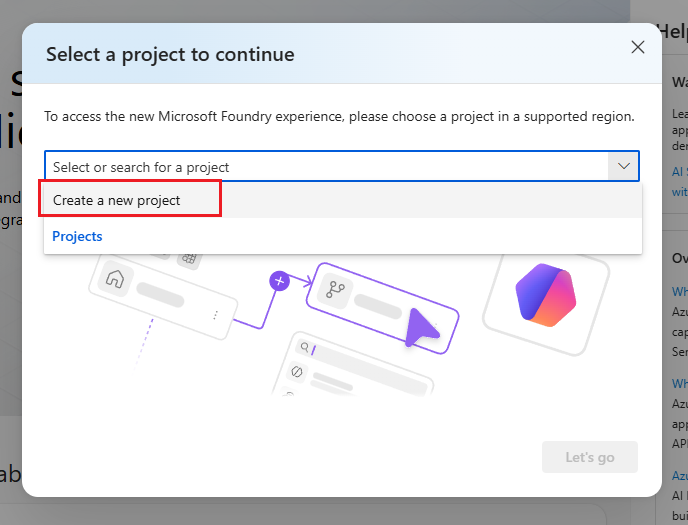 Captura de ecrã do portal Foundry mostrando o menu suspenso de seleção de projetos com a opção Criar novo projeto destacada.
