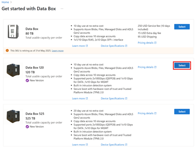 Captura de ecrã a mostrar o ecrã para selecionar um produto Azure Data Box. O botão Selecionar para Data Box está realçado.