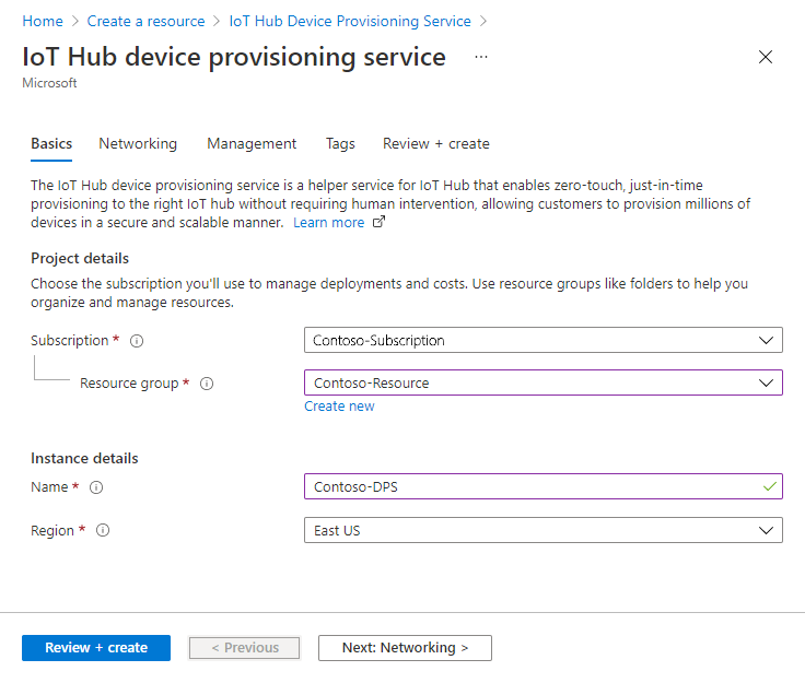 Captura de ecrã a mostrar o separador Basics do serviço de provisionamento de dispositivos Hub IoT. Introduza informações básicas sobre a sua instância do Serviço de Provisionamento de Dispositivos no portal.