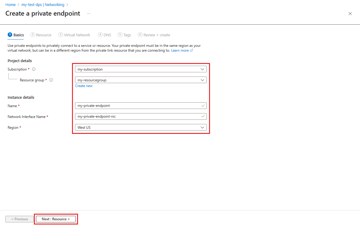 Captura de ecrã que mostra o separador Basics da página Criar um endpoint privado.