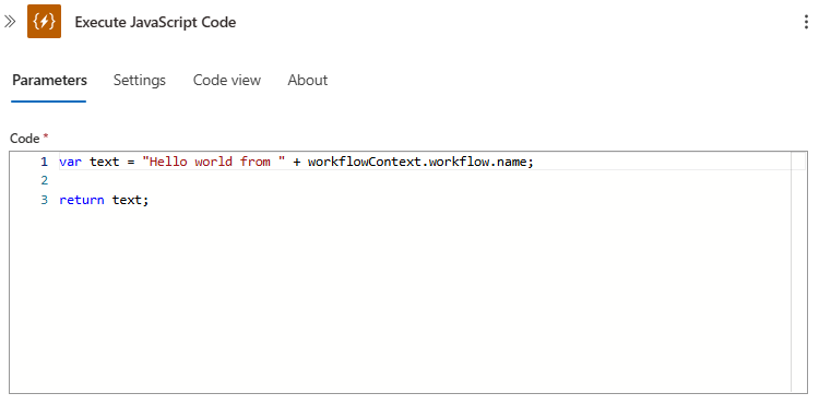 Captura de tela mostrando a ação Executar código JavaScript com código de exemplo padrão.
