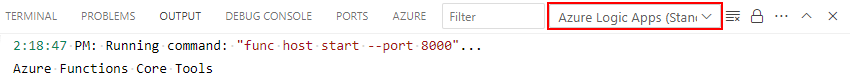 A captura de tela mostra a janela Saída com a lista de escopo e os Aplicativos Lógicos do Azure (Padrão) selecionados.