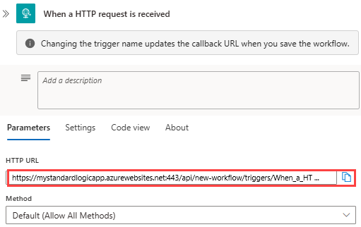 A captura de tela mostra o fluxo de trabalho padrão, o gatilho de solicitação e a URL de retorno de chamada gerada para o ponto de extremidade.