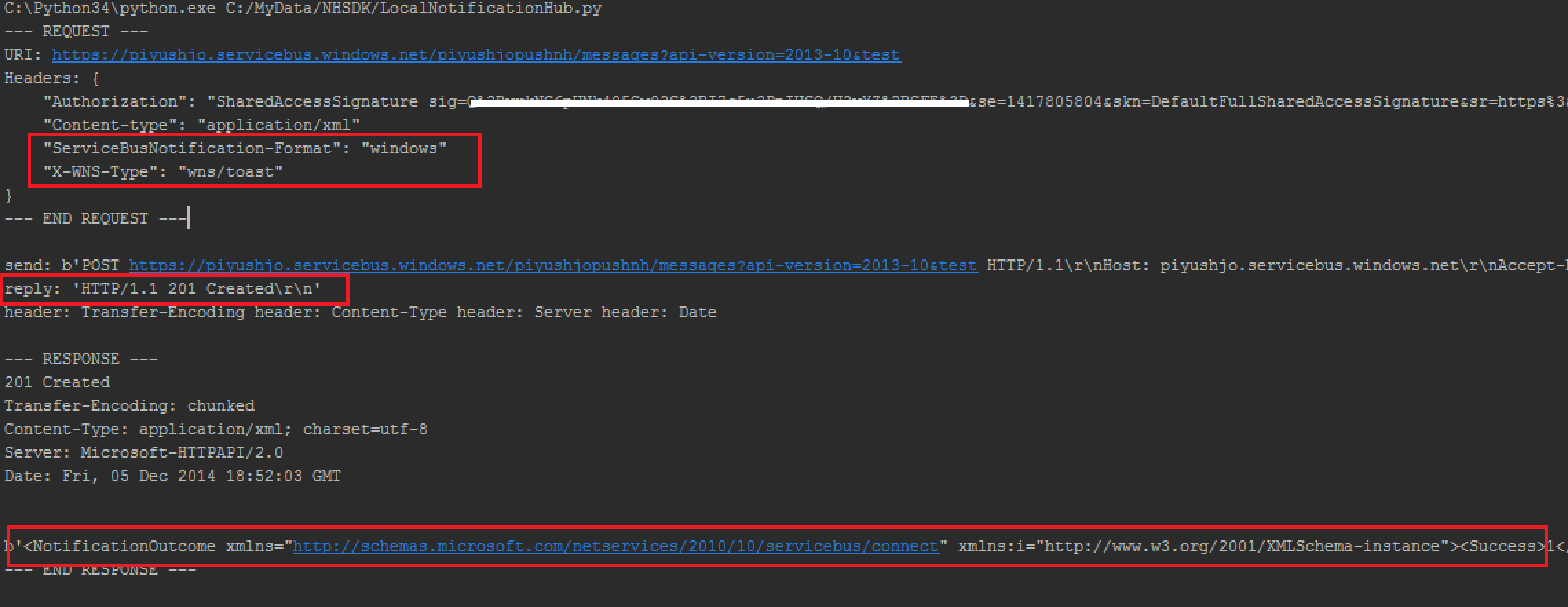 Captura de ecrã de um console com detalhes do dump de solicitação e resposta H T T P e mensagens de Resultado de Notificação destacadas em vermelho.