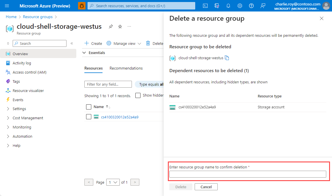 Captura de ecrã do portal do Azure que mostra a página Grupo de recursos com o botão Eliminar grupo de recursos realçado.