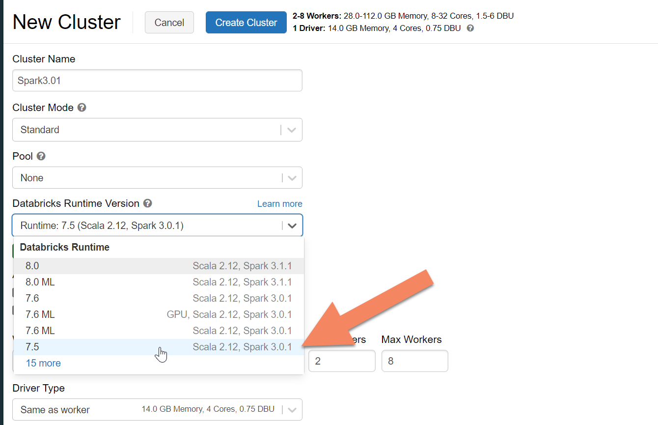 Captura de tela que mostra como localizar a versão de tempo de execução do Azure Databricks.