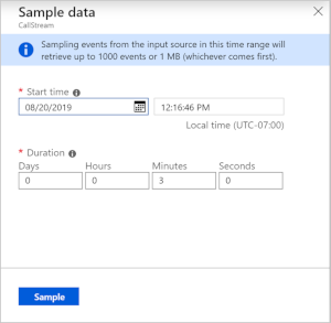 Captura de ecrã do diálogo do Azure Stream Analytics para definir um intervalo de tempo para eventos de exemplo.