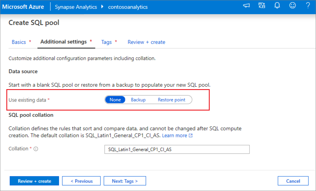 Uma captura de tela do fluxo de criação de pool SQL - definições adicionais.