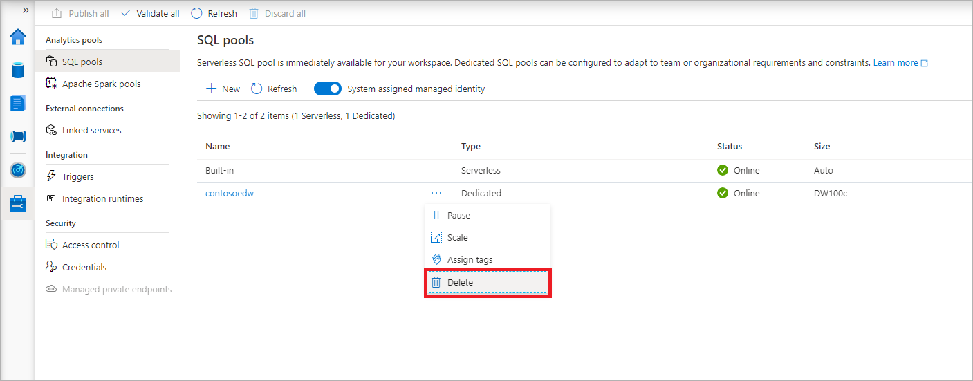 Uma captura de ecrã de todos os pools SQL, com o pool recentemente criado selecionado.