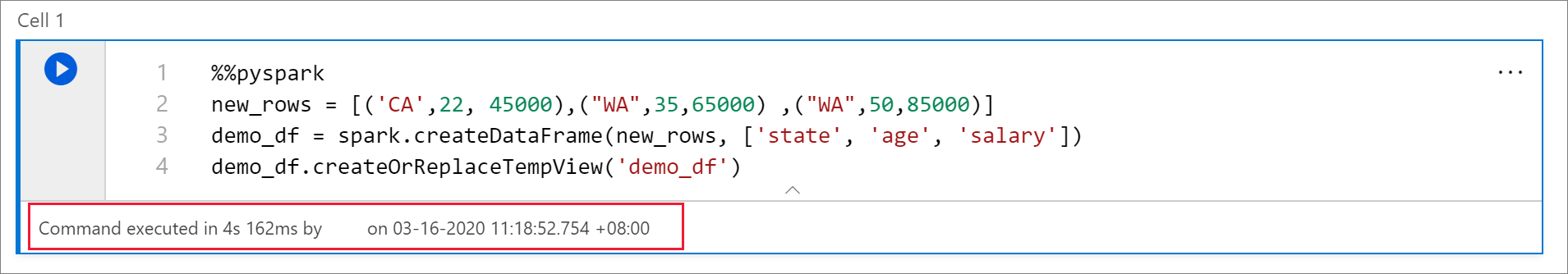 Captura de ecrã do resumo da execução de uma célula num notebook Synapse.