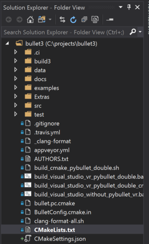 Captura de ecrã da janela Solution Explorer no modo de Vista de Pastas. Ele exibe o conteúdo do projeto (arquivos e pastas) e CMakeLists.txt é realçado.