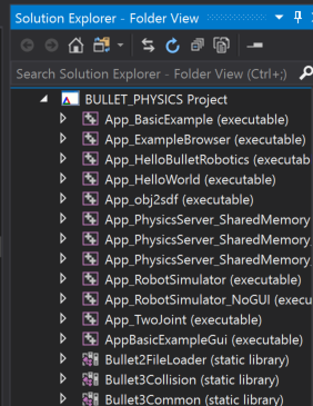 Captura de ecrã da vista de targets do CMake no Solution Explorer. Contém uma entrada chamada BULLET_PHYSICS Project, com entradas como App_BasicExample (executável), App_ExampleBrowser (executável) e assim por diante.