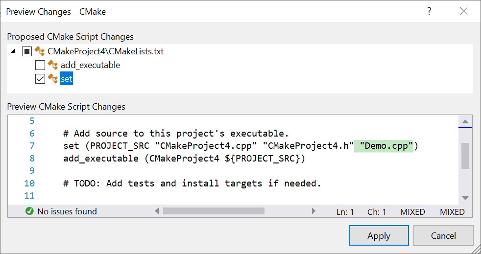 Captura de ecrã da caixa de diálogo Alterações de visualização do Visual Studio.