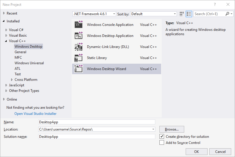Captura de tela da caixa de diálogo Novo Projeto no Visual Studio 2017. O item Assistente de Área de Trabalho do Windows está selecionado. A caixa de texto do nome diz DesktopApp.