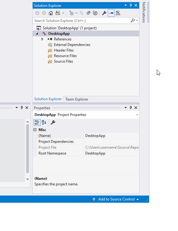 Animação mostrando a adição de um novo item ao Projeto DesktopApp no Visual Studio 2019.