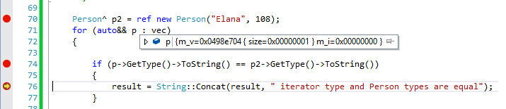 Captura de tela da depuração de VectorProxy em um intervalo baseado em loop.