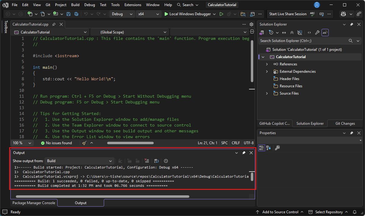 Captura de ecrã da janela de Saída Visual Studio, mostrando uma mensagem a indicar que a compilação foi bem-sucedida.