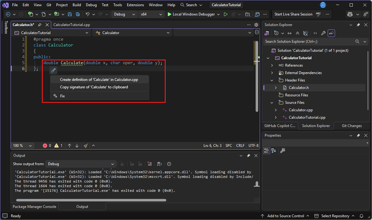 Captura de ecrã de uma chave de fendas na janela do editor de Visual Studio com a opção 'Criar definição de Calcular em Calculator.cpp' destacada.