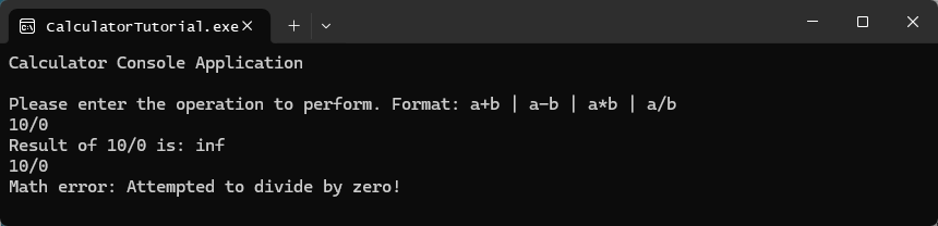 Captura de tela de uma janela do console mostrando a saída final após a implementação de alterações para lidar com a divisão por zero.