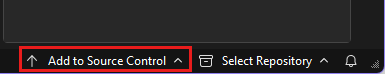 Captura de tela dos botões de controle do código-fonte do Git abaixo do painel Gerenciador de Soluções, com o botão Adicionar ao Controle do Código-Fonte realçado.