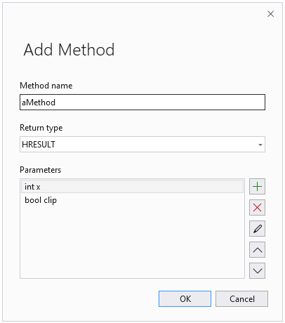 Captura de ecrã do assistente Adicionar método. O nome do método é aMethod, o tipo de retorno é H RESULT. Dois parâmetros são definidos: int x, bool clip