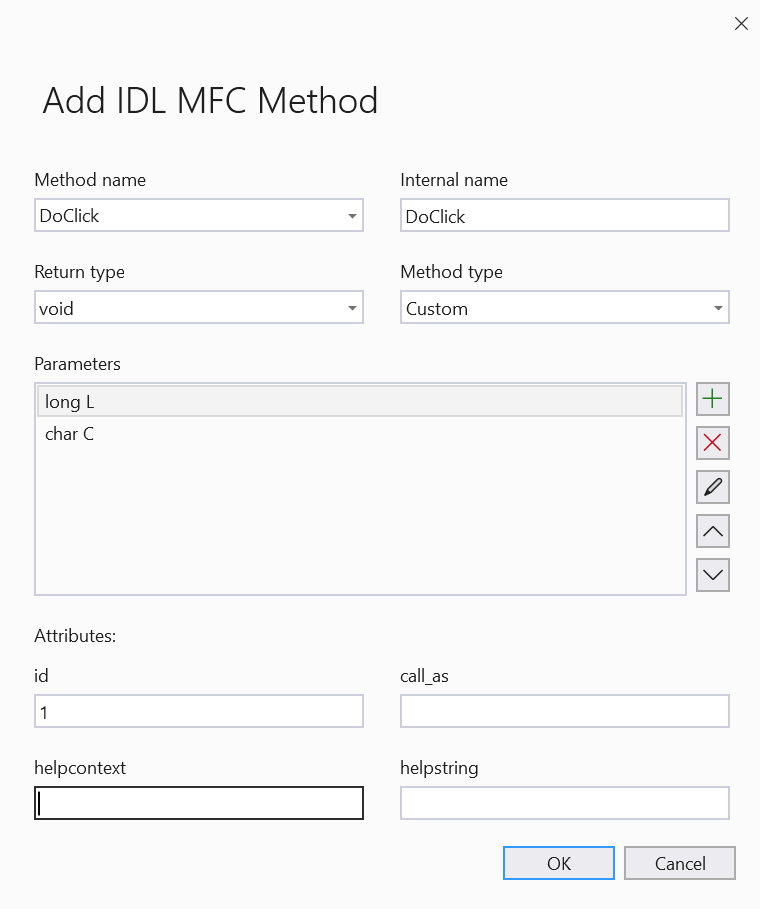 Interface de feiticeiro. Nome do método: DoClick, Nome interno: DoClick, Return type:void, Method type:custom, Parameters:long l, char C, Attributes id:1.