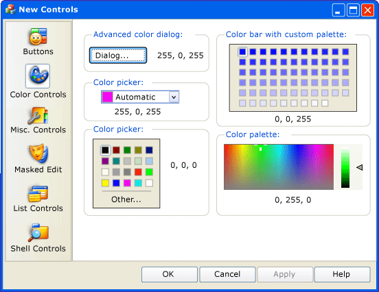 Controlos de cor do CMFCPropertySheet.