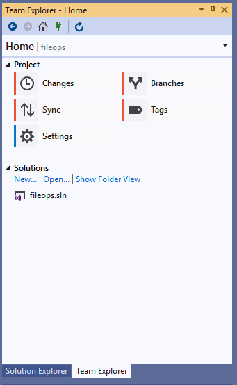 Captura de tela da janela Team Explorer no Visual Studio 2019.