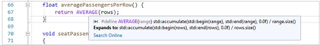 Captura de ecrã de uma expansão de macro QuickInfo.