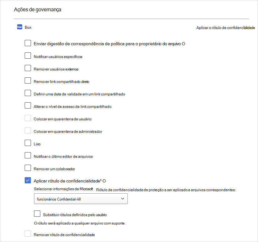 Captura de ecrã da ação de governação para aplicar um rótulo de sensibilidade numa política de ficheiro.