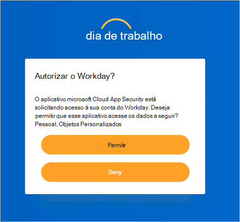 Captura de ecrã do pedido de permissões do Workday a solicitar permissão para o Defender for Cloud Apps aceder à conta.
