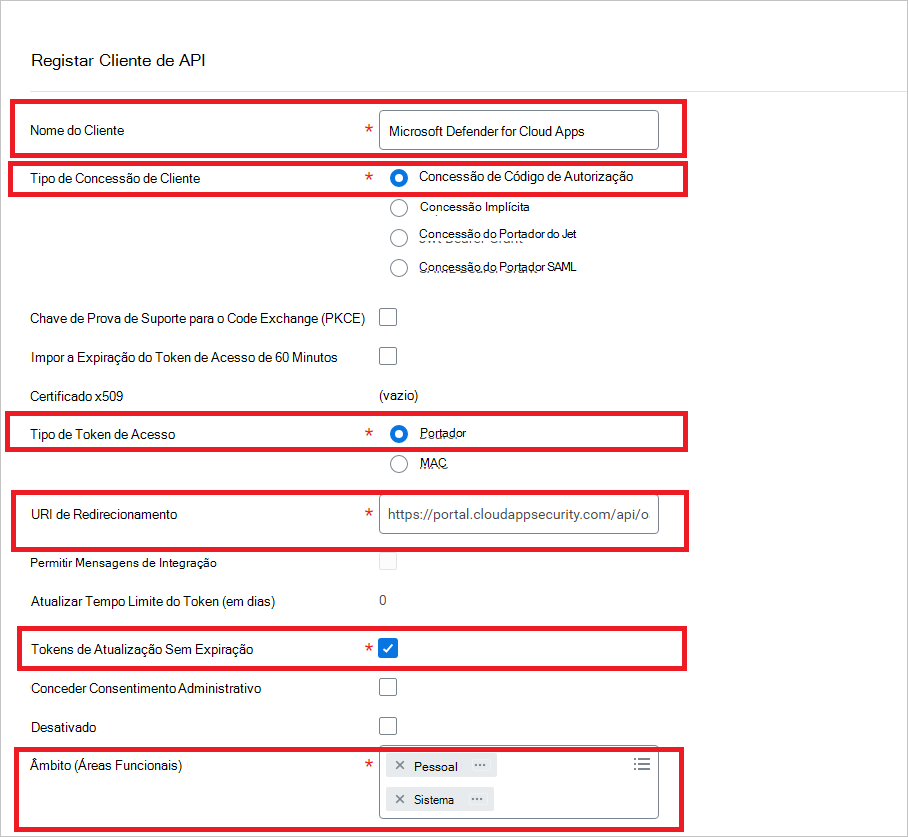 Captura de ecrã da página do cliente da API Workday Register com o nome do cliente, tipo de concessão e campos de âmbito.