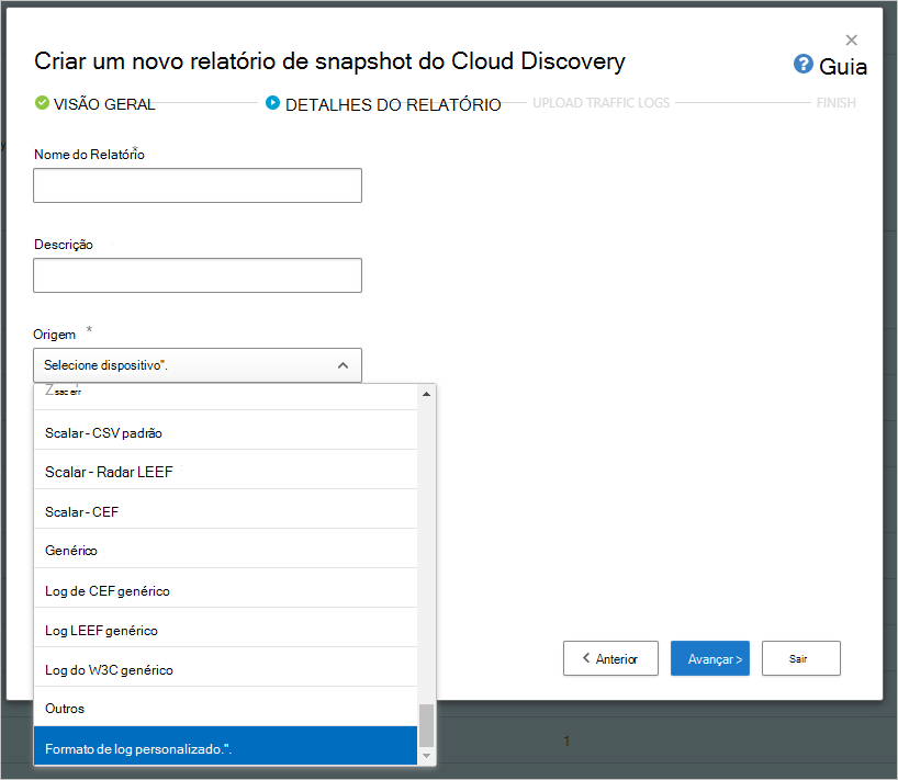 Captura de ecrã da caixa de diálogo Criar novo relatório de instantâneo de deteção na nuvem.