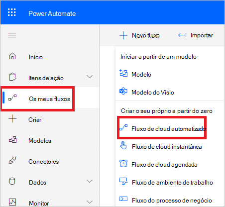 Captura de ecrã do portal Power Automate a mostrar a opção de criar novo fluxo.