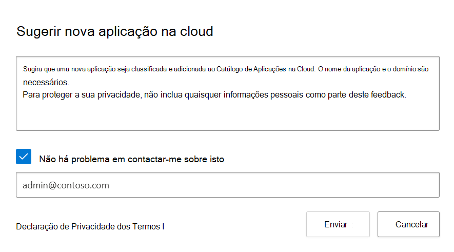 Captura de ecrã a mostrar a janela pop-up para sugerir uma nova aplicação 