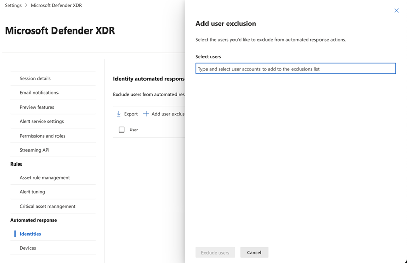 Captura de ecrã do painel de flyout para adicionar e selecionar exclusões de utilizadores